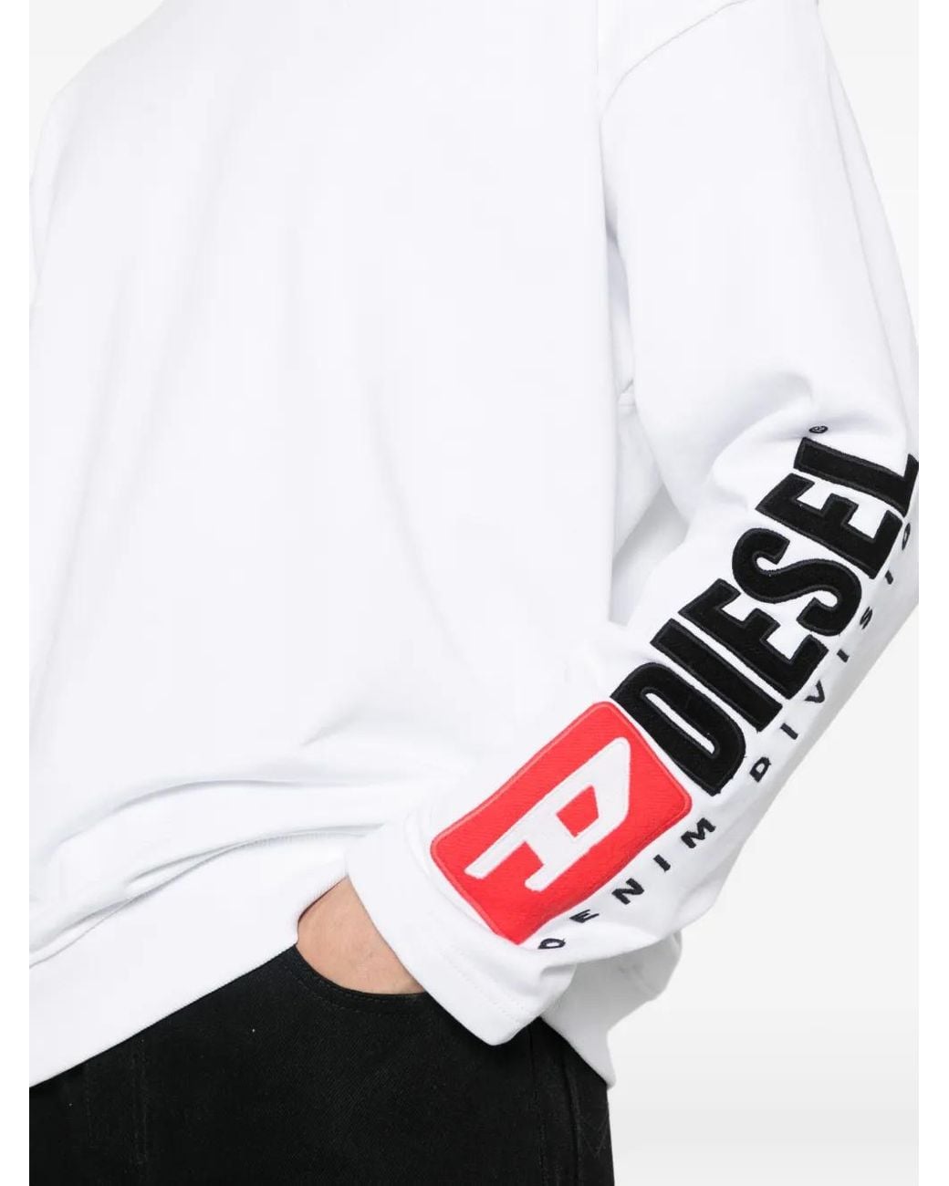 DIESEL White Crewneck Sweatshirt With Logo Patch Embroidery for men