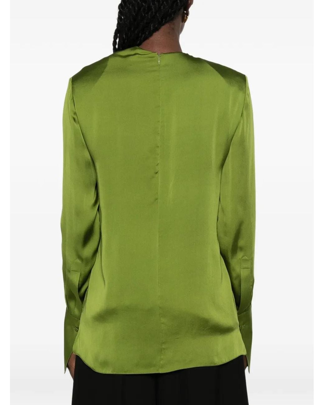 Tom Ford Green Stonewashed Silk Georgette Long Sleeve Draped Collar Blouse