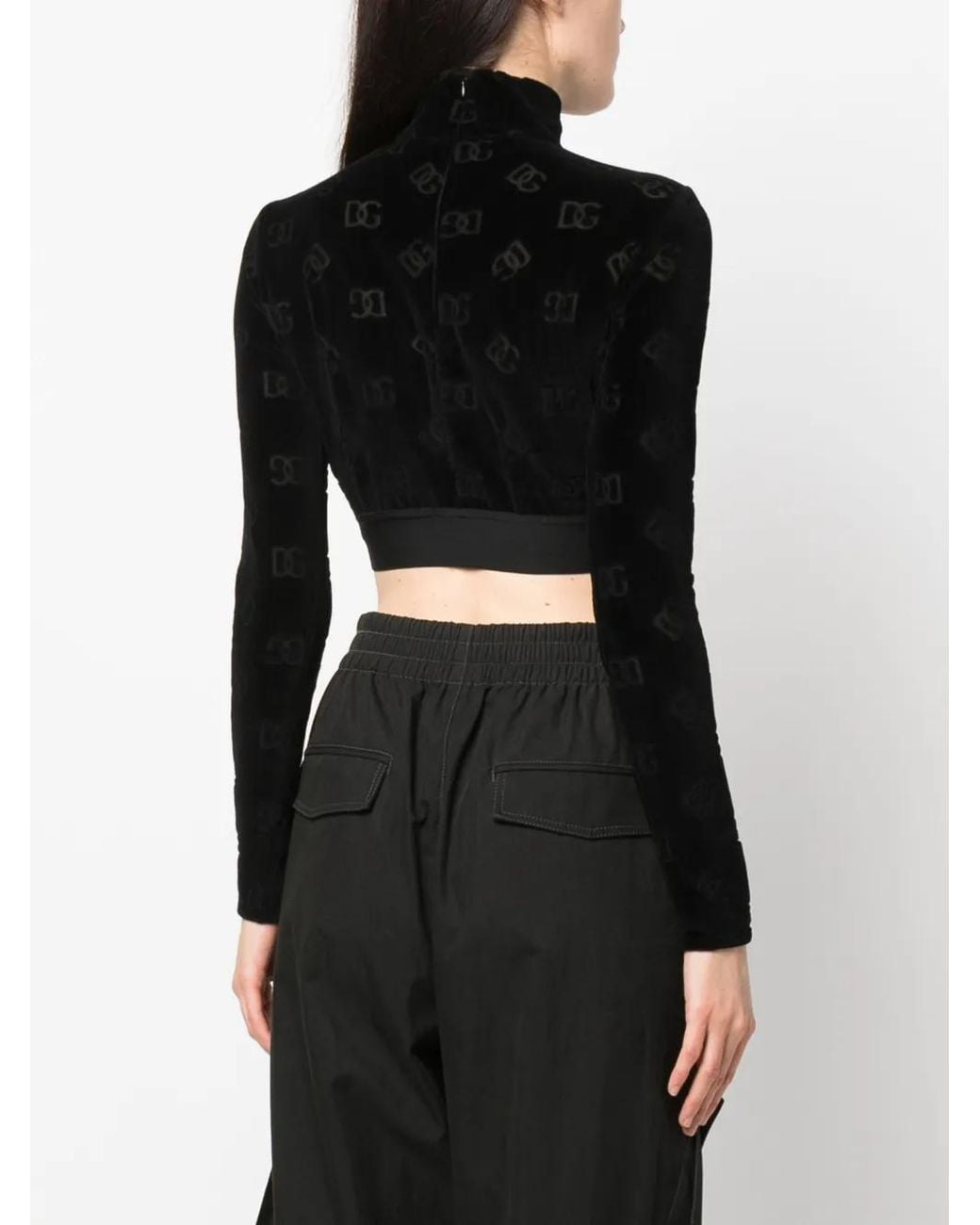 Dolce & Gabbana Black Debossed-Logo Pattern Cropped Top