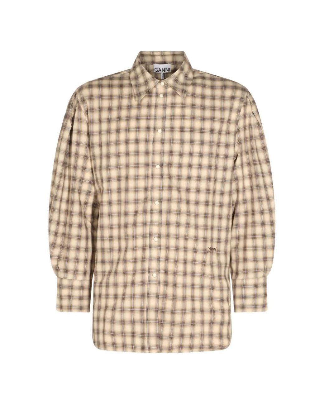 Ganni Natural Check-Print Puff-Sleeve Shirt