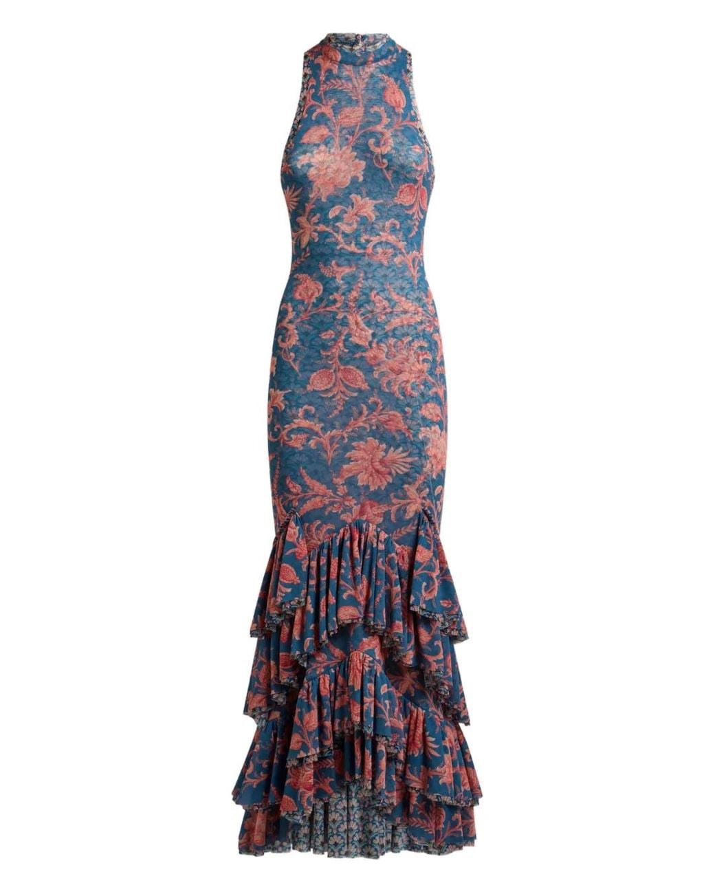 Etro Blue Stretch Tulle Long Dress With Floral Motif