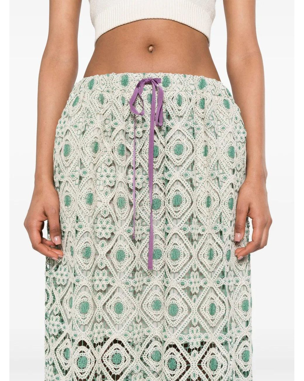 LaDoubleJ White Macramé Drawstring Midi Skirt