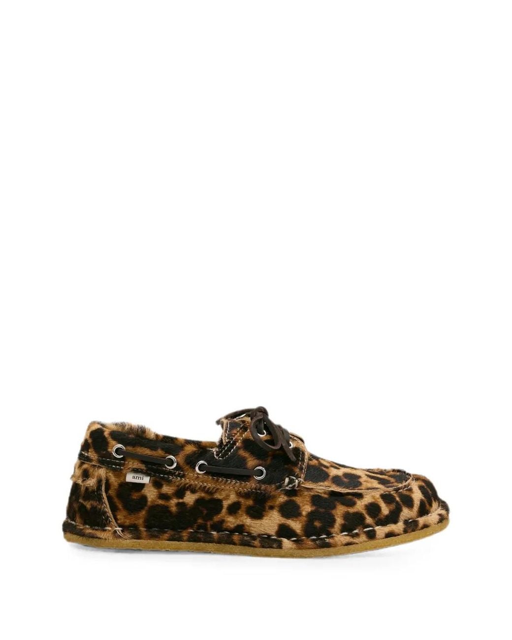 AMI Brown Leopard Printed Cowhide Leather Boat Shoes