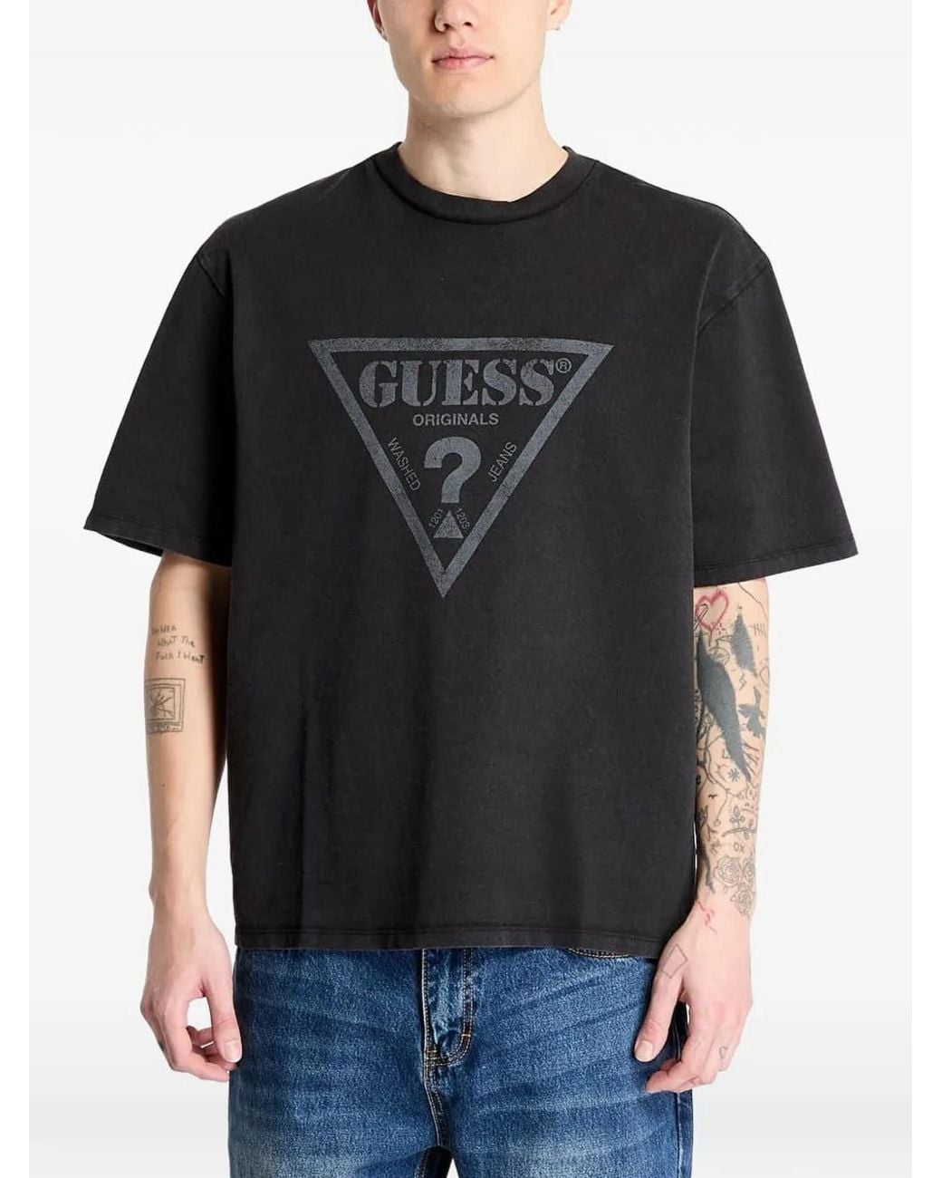 Guess Black Logo-Print Washed T-Shirt for men