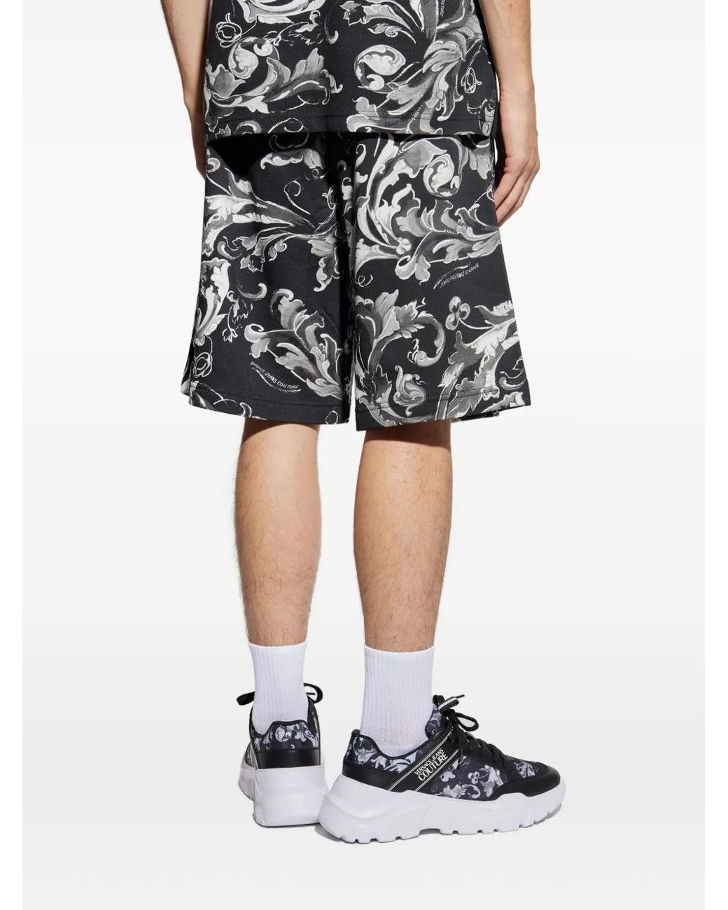 Versace Jeans Couture Black Baroque-Print Drawstring Shorts for men