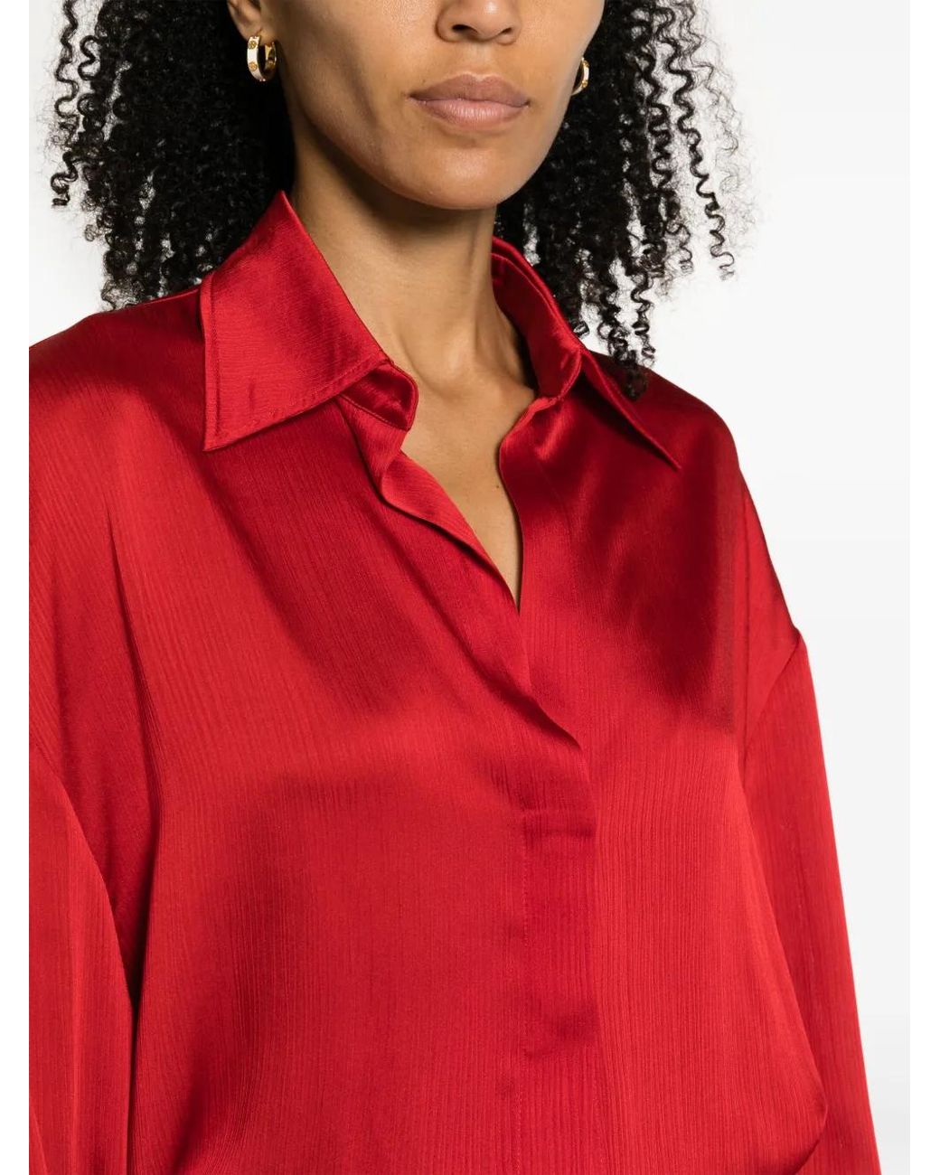 Genny Red Satin-Finish Button-Up Shirt