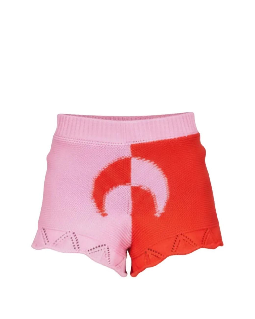 MARINE SERRE Red Crochet Knit Moon Mini Shorts; Fitted High-Waisted Mini Crochet Knit Shorts