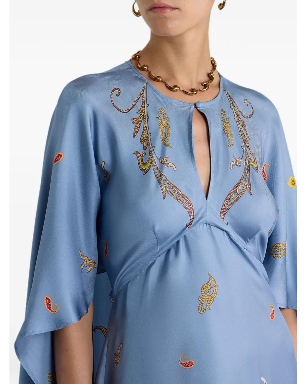 Etro Blue Long Silk Dress With Cape And Placed Floral Paisley Print