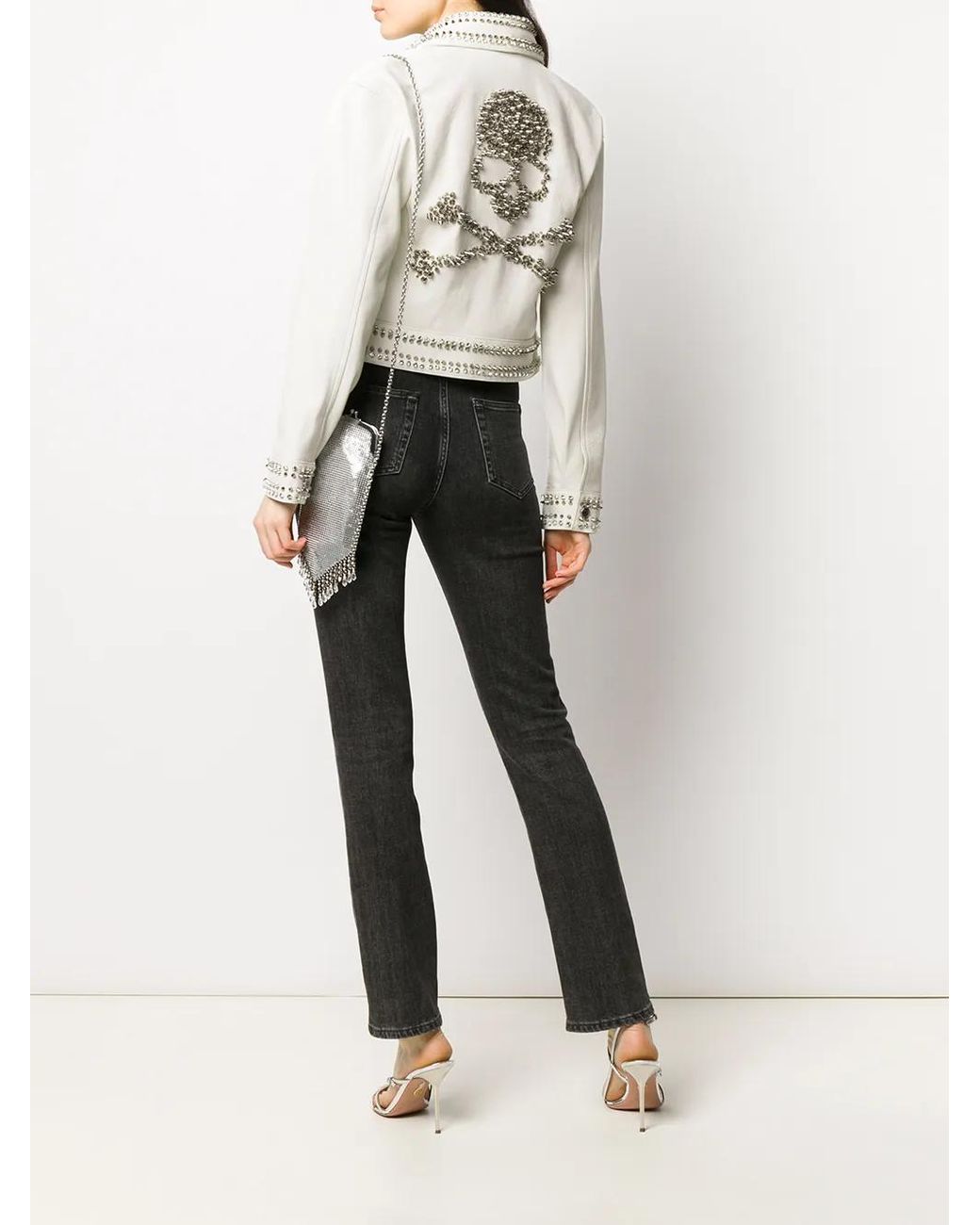 Philipp Plein White Skull Stud Leather Jacket