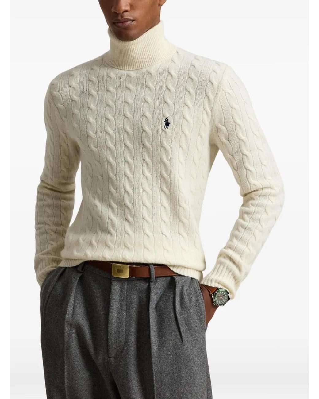 Polo Ralph Lauren White Cable Knit Wool-Cashmere Roll-Neck Sweater for men