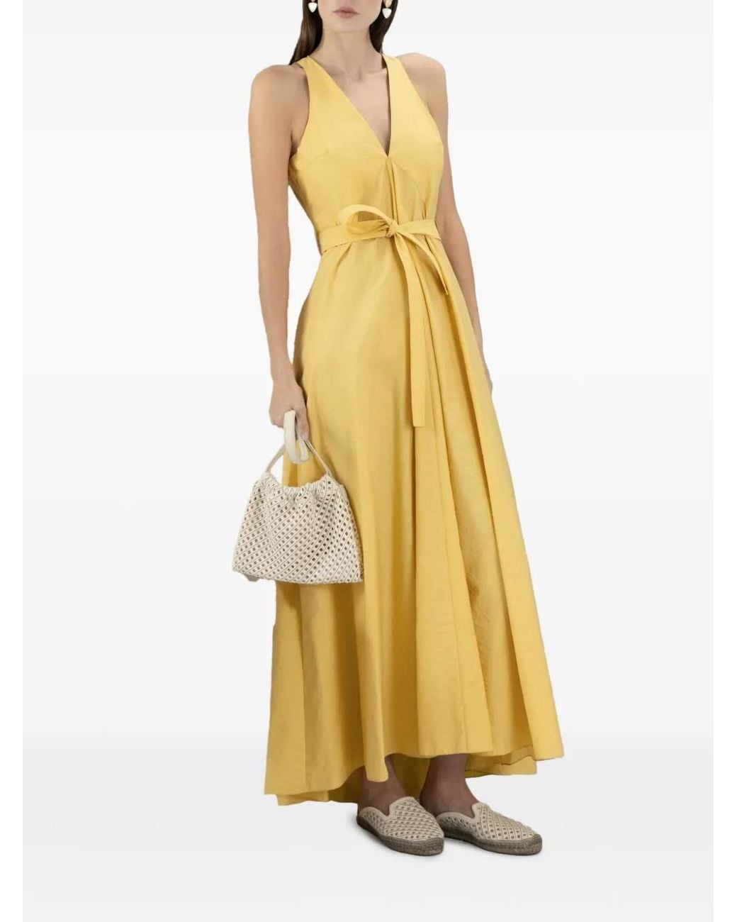 Brunello Cucinelli Yellow Techno Cotton Poplin Belted Dress