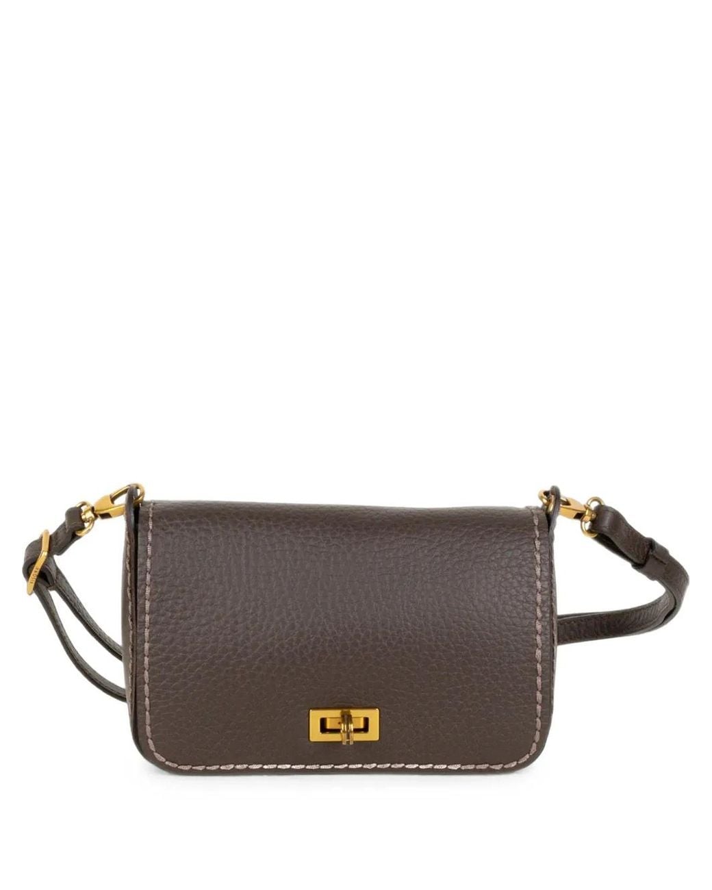 VISONA Brown Grained Leather Whipstitch Shoulder Bag