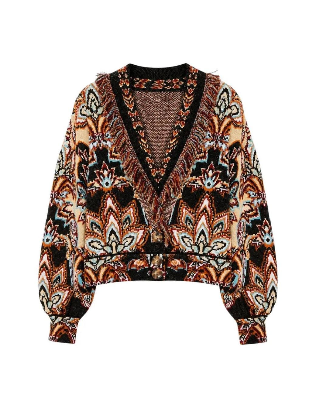 Farm Rio Brown Fringe-Trim Intarsia-Knit Cardigan