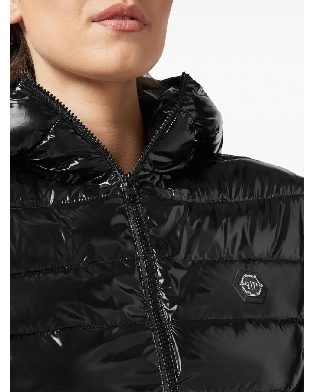 Philipp Plein Black High-Shine Hooded Down Jacket