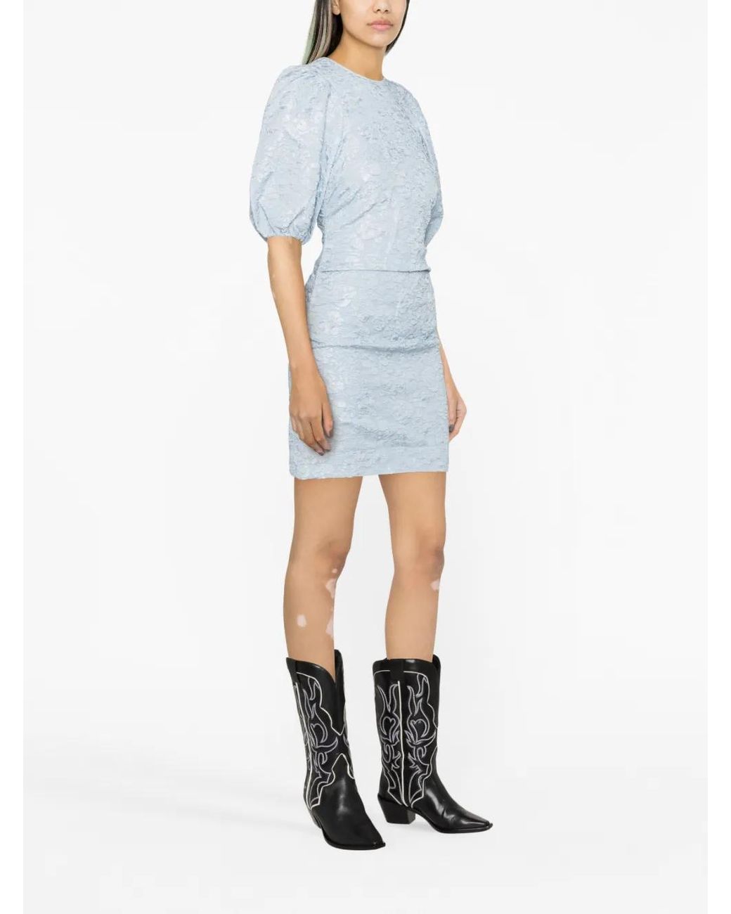Ganni Blue Floral-Jacquard Puff-Sleeve Dress