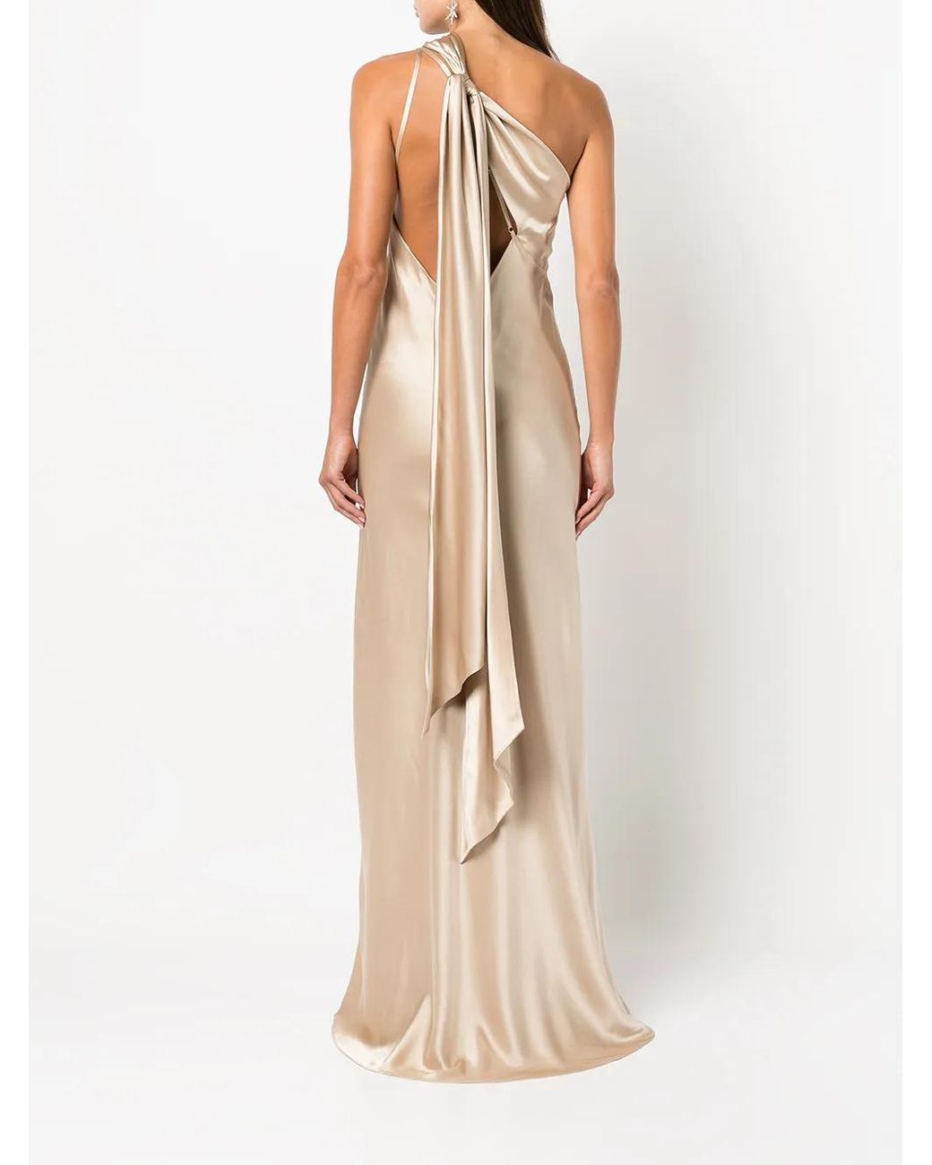 Michelle Mason Natural Side-Slit One-Shoulder Gown