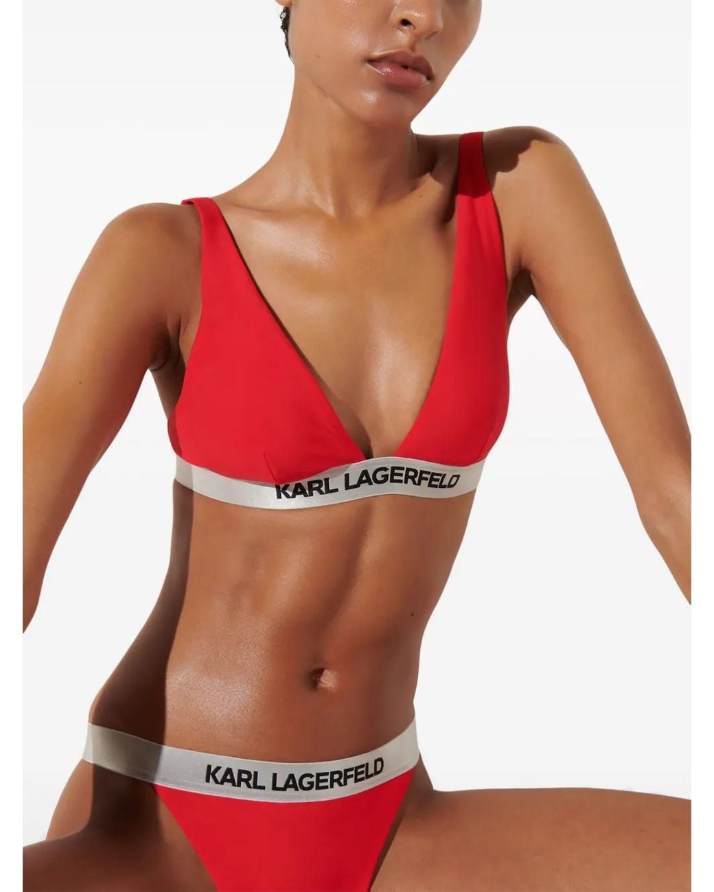Karl Lagerfeld Red Logo-Underband Triangle Bikini Top