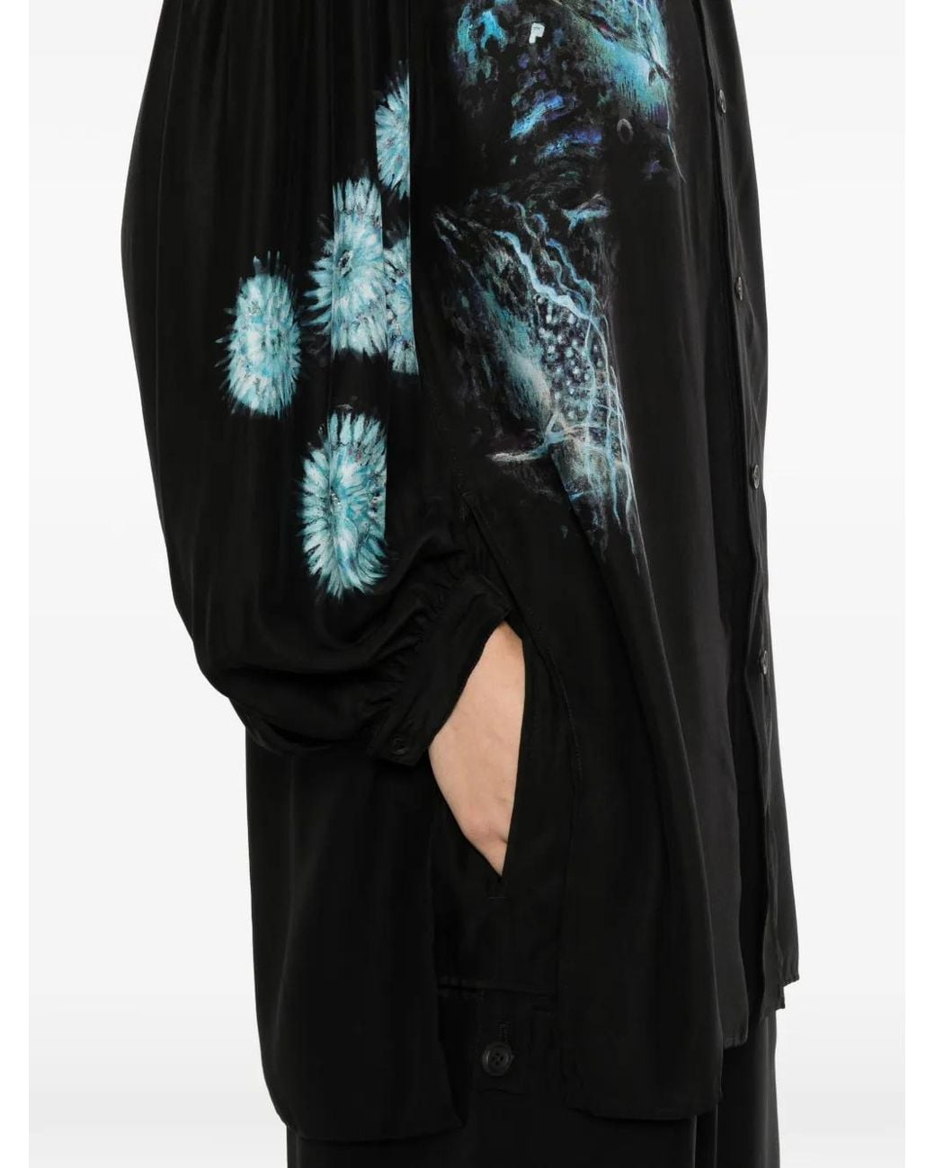 Yohji Yamamoto Black Scarf-Collar Graphic-Print Shirt for men