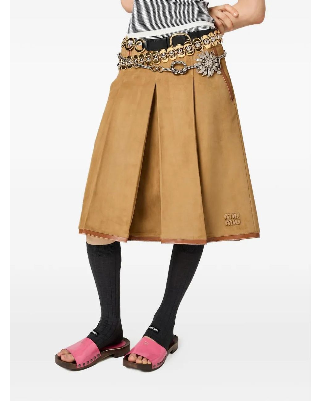 Miu Miu Natural Pleated Suede Skirt