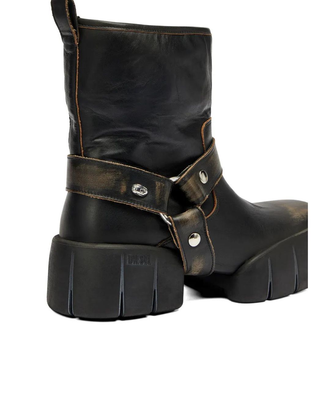 DIESEL Black Chunky Sole Leather Boots With Ankle Strap Detail for men