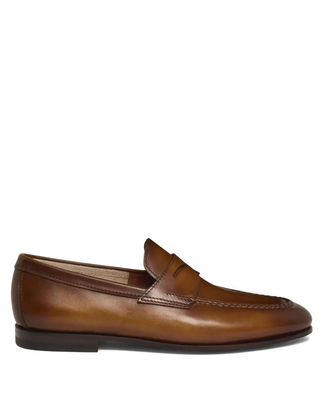 Santoni Brown Leather Penny Loafers for men