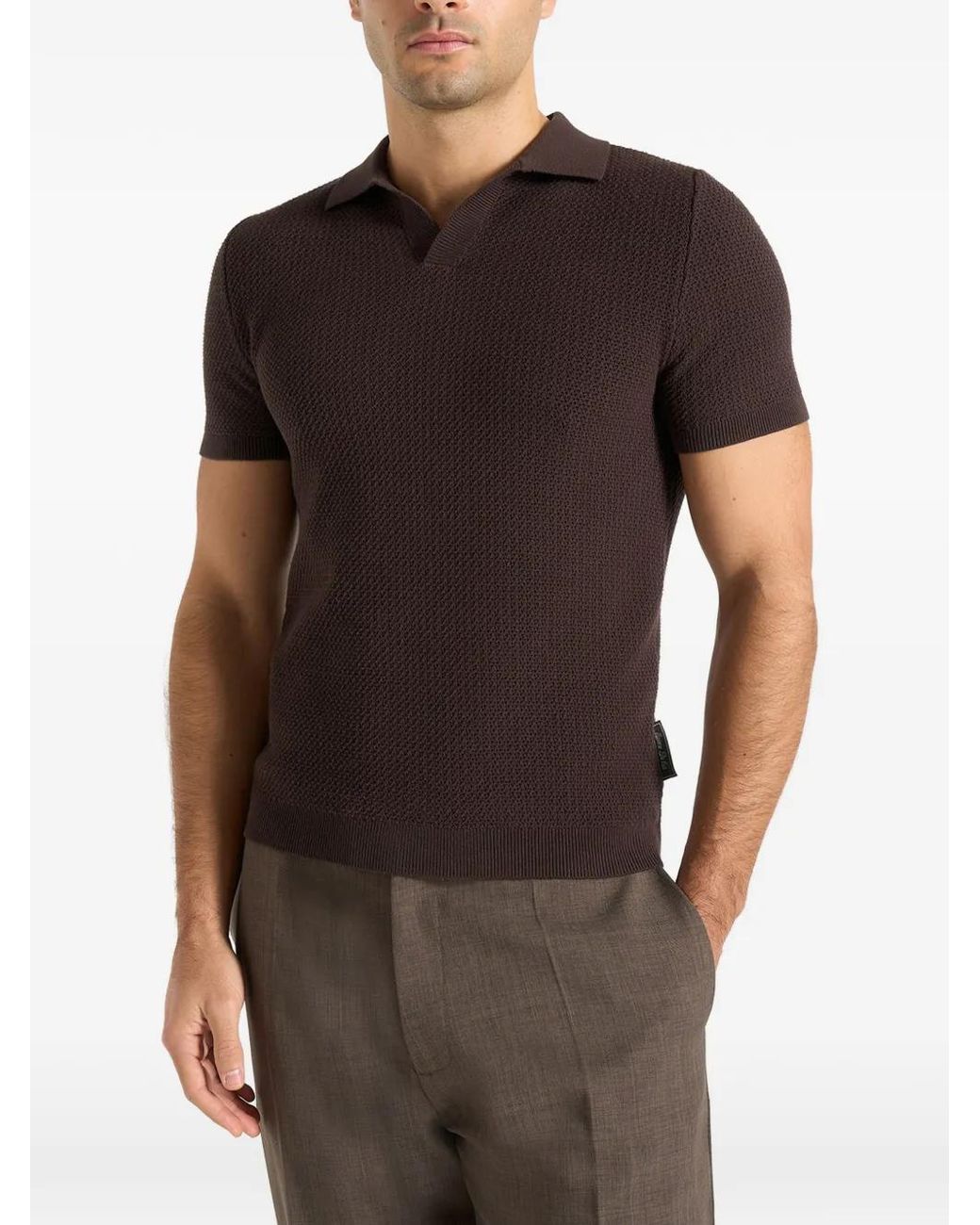 Manière De Voir Brown Rowen Textured Knit Revere Polo Shirt for men