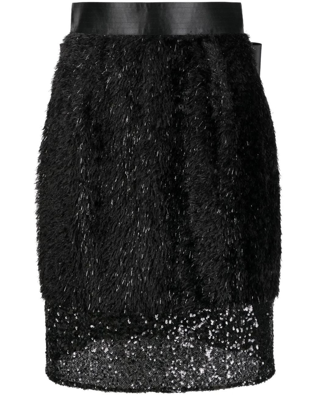Undercover Black Layered Faux-Fur Pencil Skirt