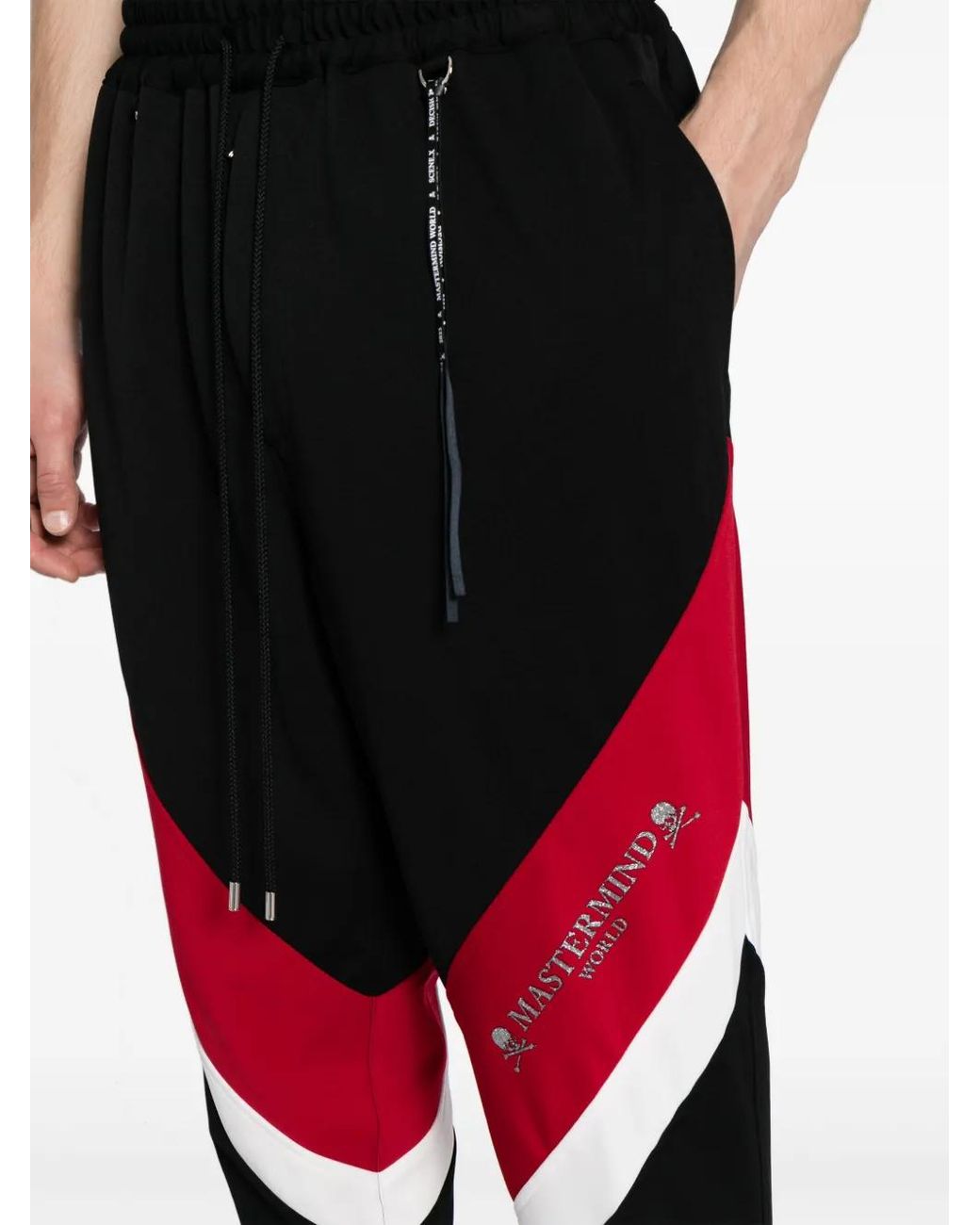 MASTERMIND WORLD Black Logo-Print Stripe-Detailing Track Pants for men