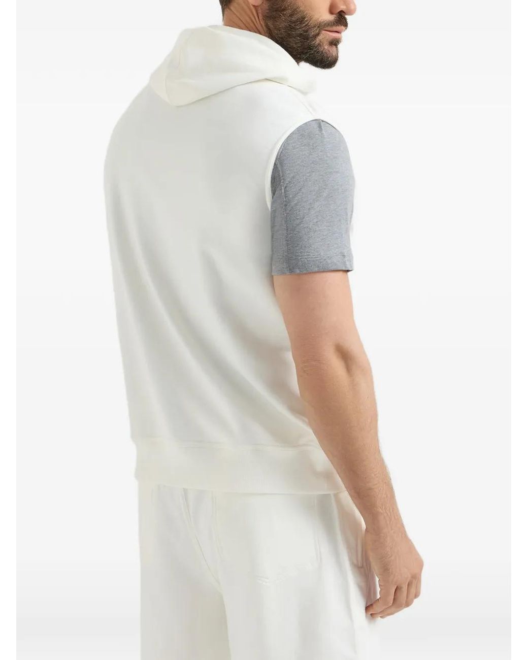Brunello Cucinelli White Techno Cotton French Terry Sleeveless Hoodie for men