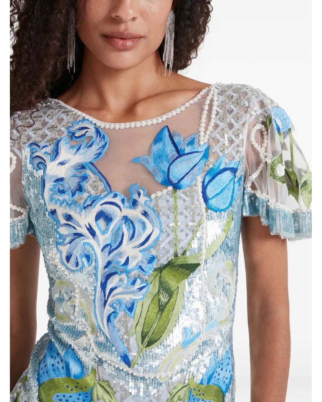 Temperley London Blue Ostuni Sequin Floral Gown