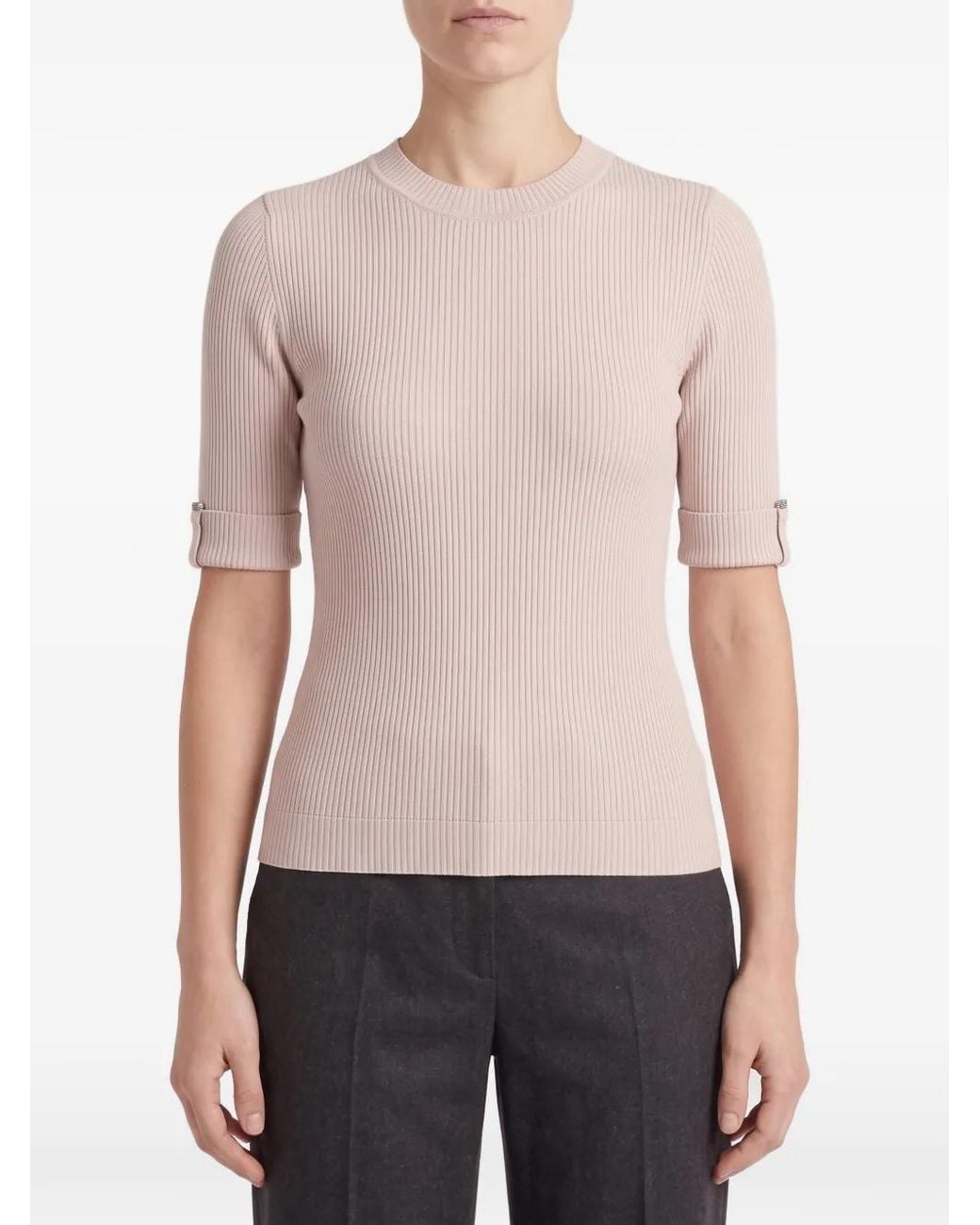 Brunello Cucinelli Natural Bead-Embellished Ribbed T-Shirt