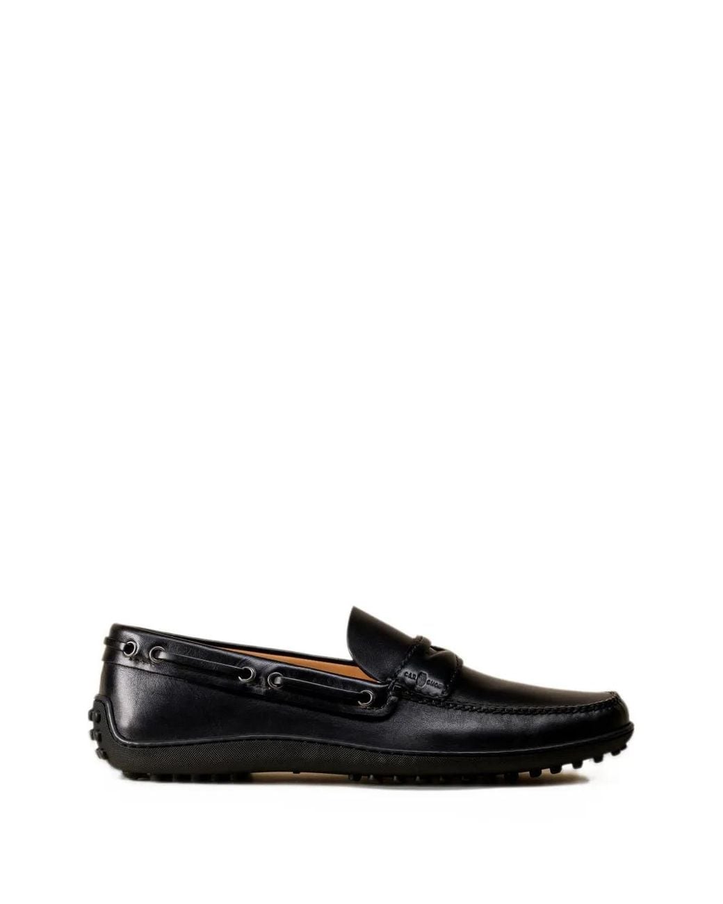 Car Shoe Black Bleached-Leather Apron-Toe Loafers for men