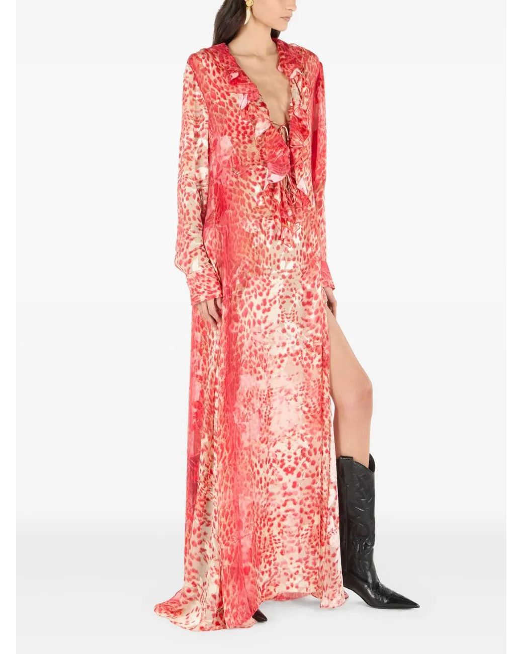 knee length dresses for ladies 2000s Y2K Just Cavalli by Roberto Cavalli Orange Purple Floral Ruffled  Neckline Short Dress