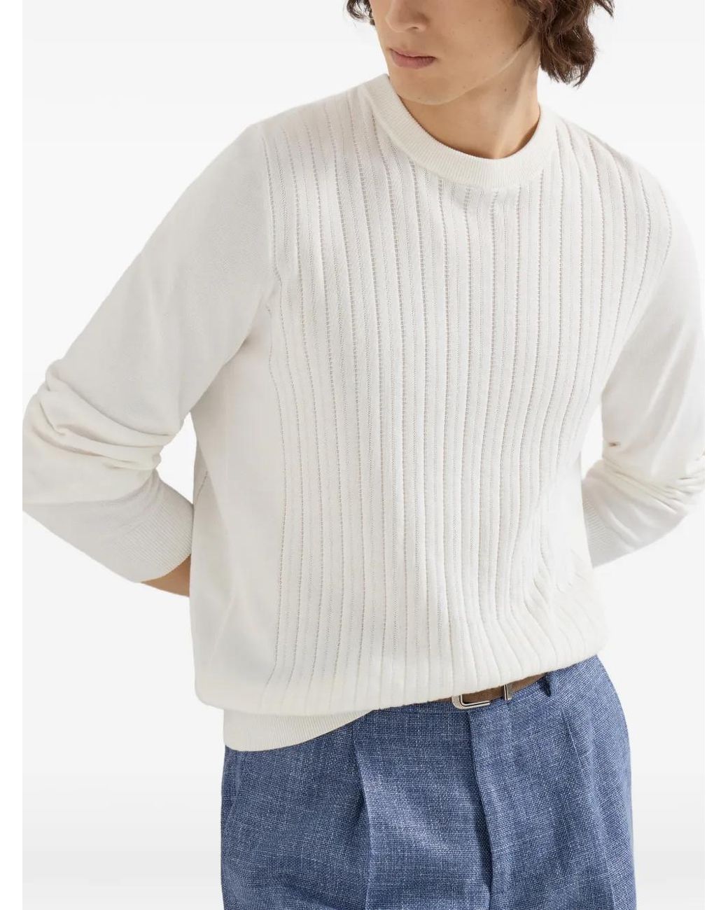Brunello Cucinelli White Cotton Crewneck Sweater for men