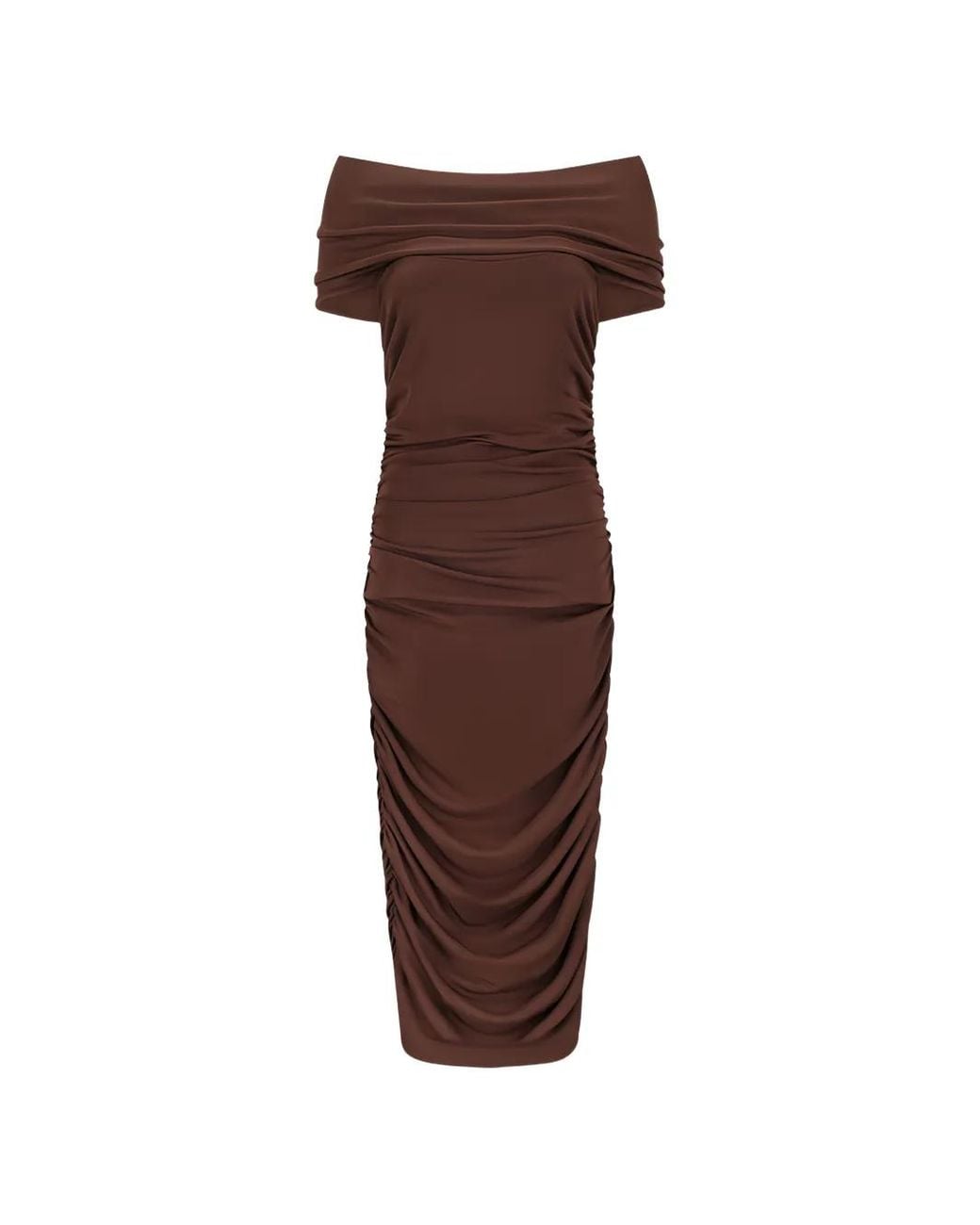 Des Phemmes Brown Ruched Off-Shoulder Midi Dress