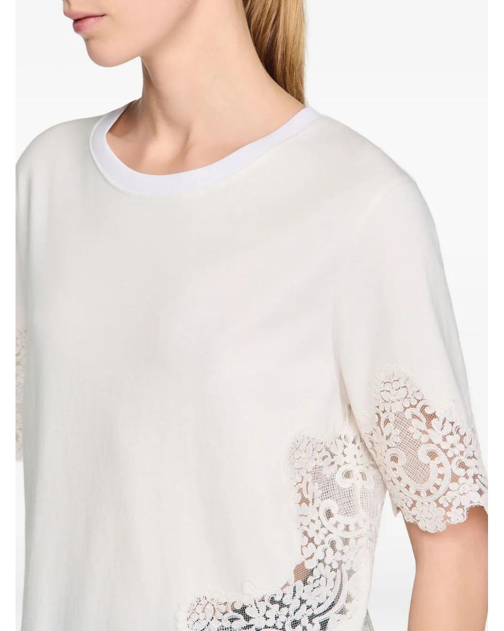 Sandro White Cotton T-Shirt With Lace Detail