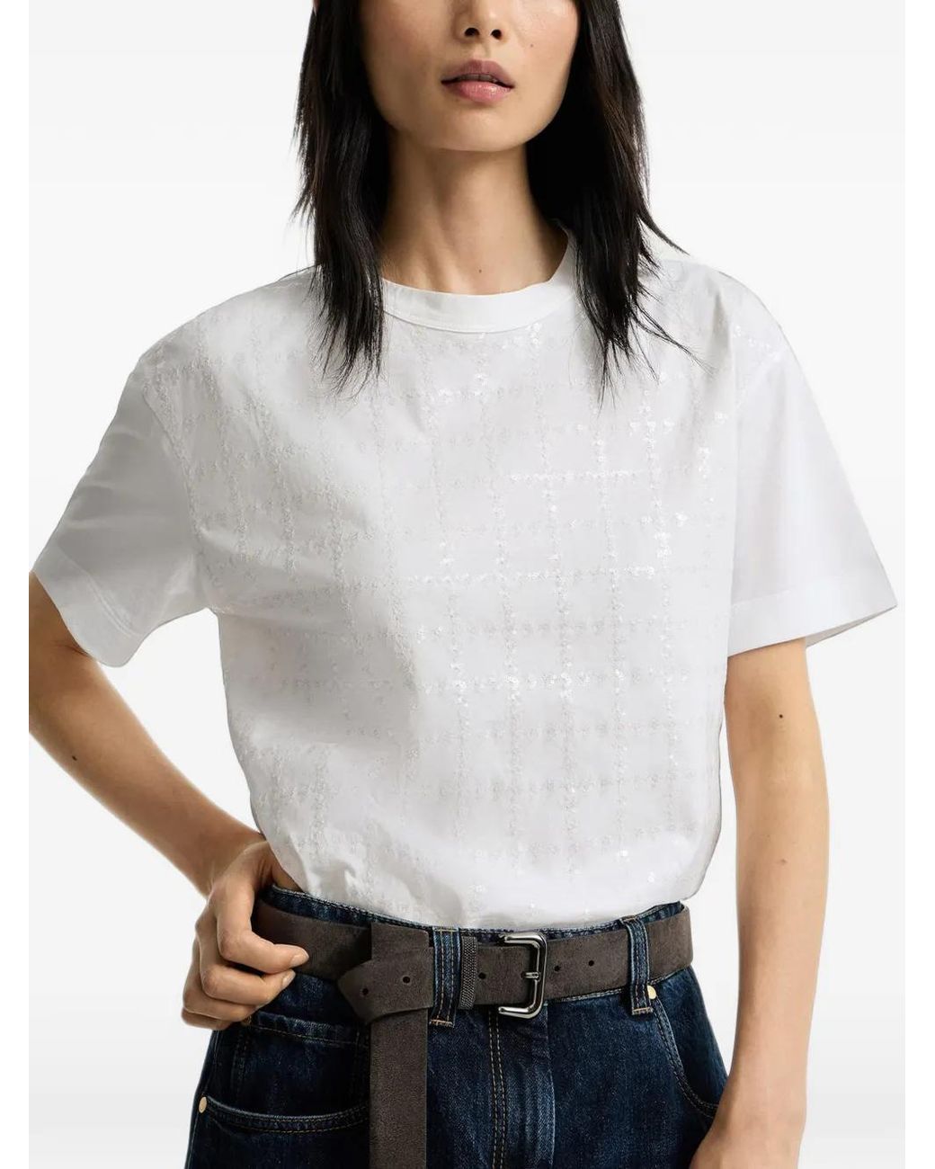 Brunello Cucinelli White Cotton Jersey T-Shirt With Dazzling Windowpane Embroidery