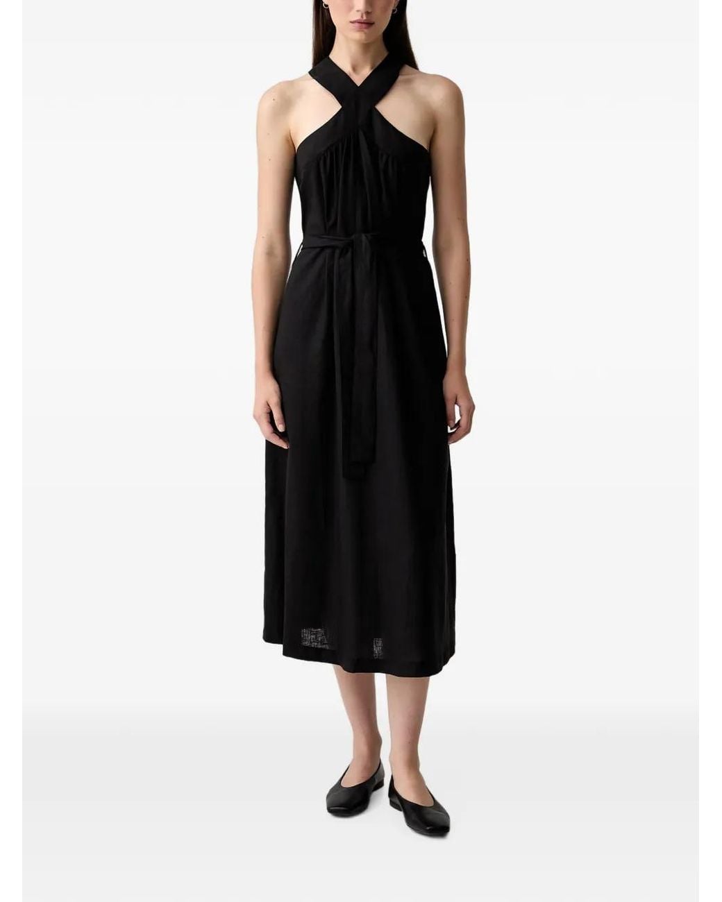 ViCOLO Black Crossover-Strap Belted Midi Dress