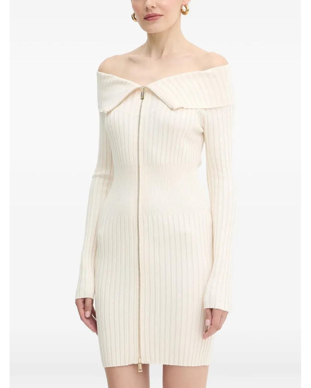 Guess White Off-Shoulder Zip Mini Dress