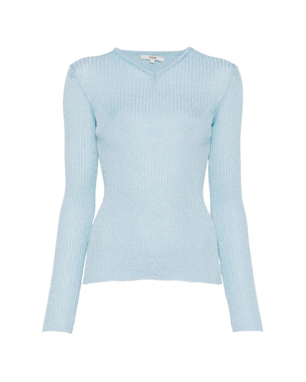 Maje Blue Ribbed-Knit V-Neck Sweatshirt