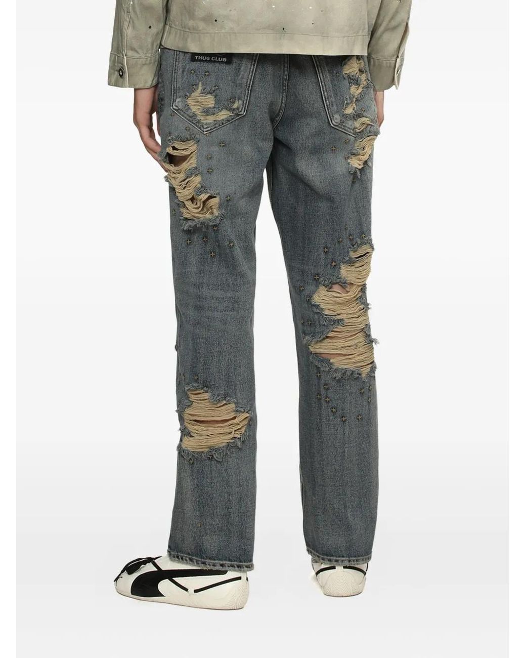 THUG CLUB Gray Distressed Studded Jeans for men