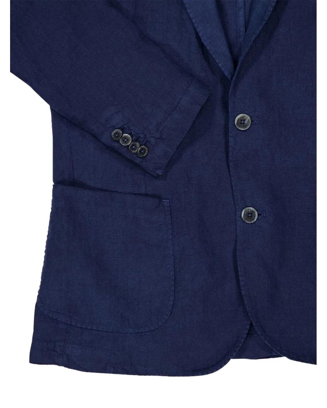 120% Lino Blue Buttoned V-Neck Blazer for men