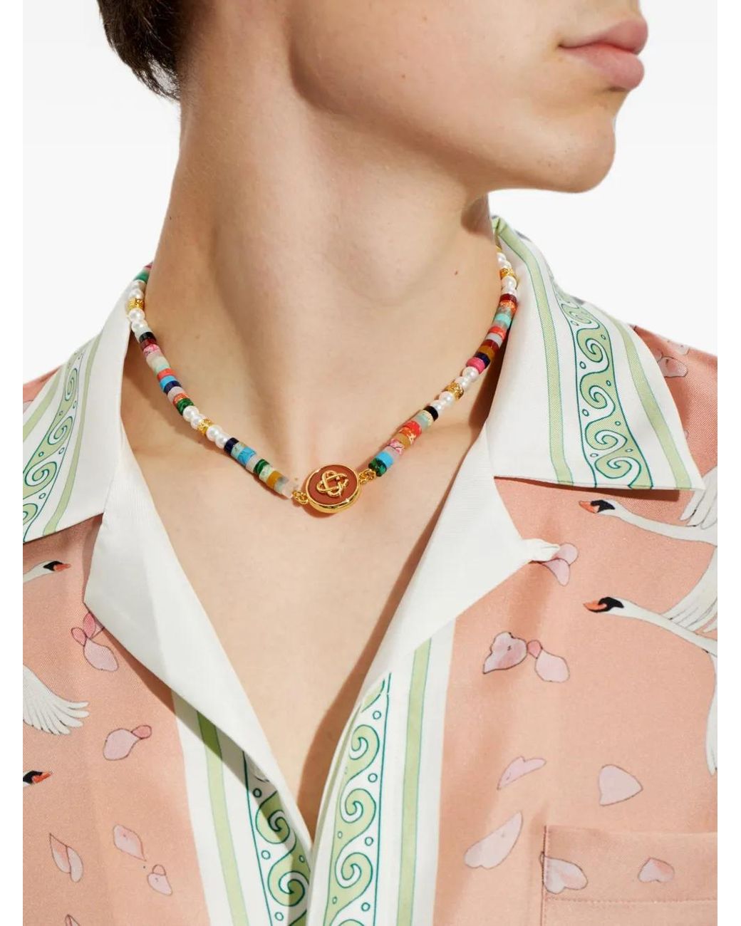 Casablanca Metallic Beaded Logo-Pendant Necklace