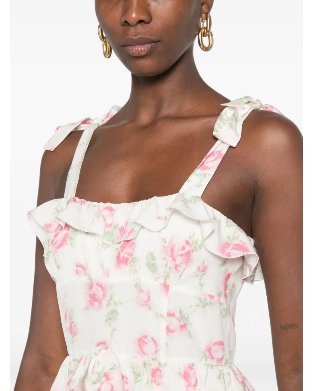 Alessandra Rich White Floral-Print Silk Midi Dress With Ruffles
