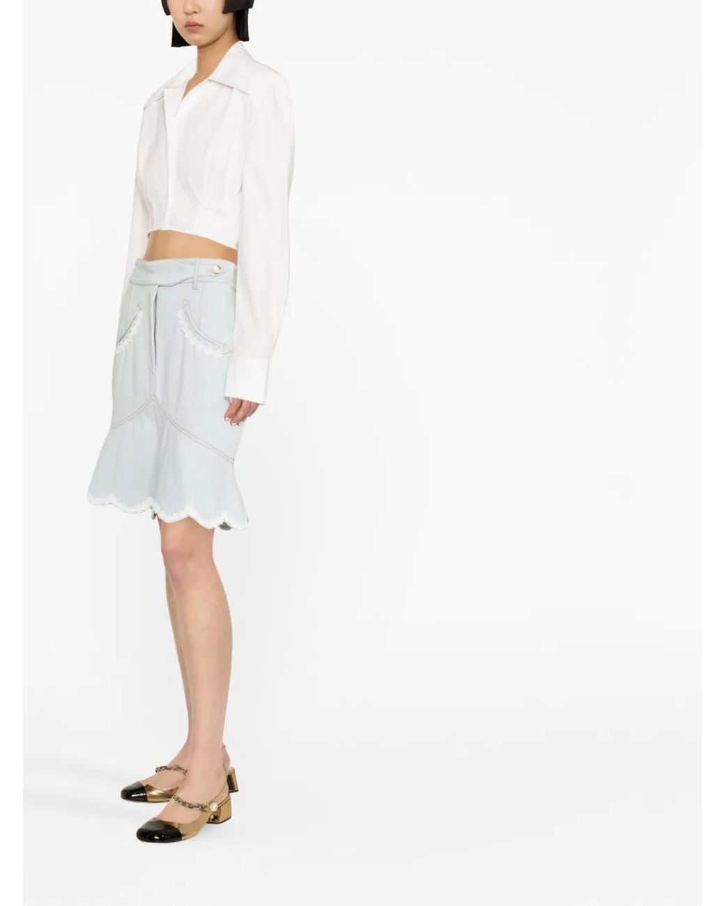 Casablanca White Floral-Embroidered Denim Peplum Skirt