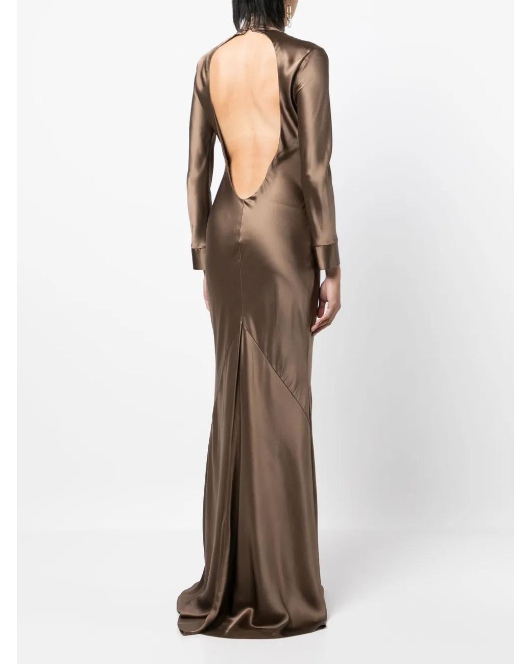 Michelle Mason Natural Open-Back Long-Sleeve Gown Dress