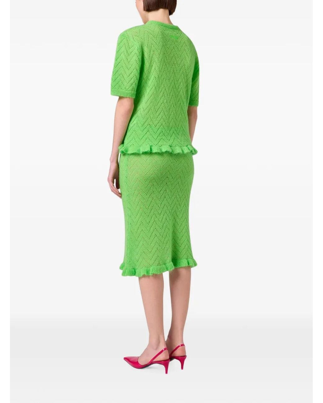 MSGM Green Chevron-Knit Midi Skirt