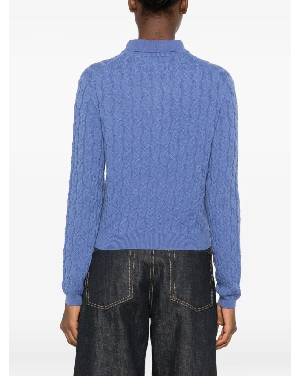 Allude Blue Cable-Knit Polo-Collar Cardigan