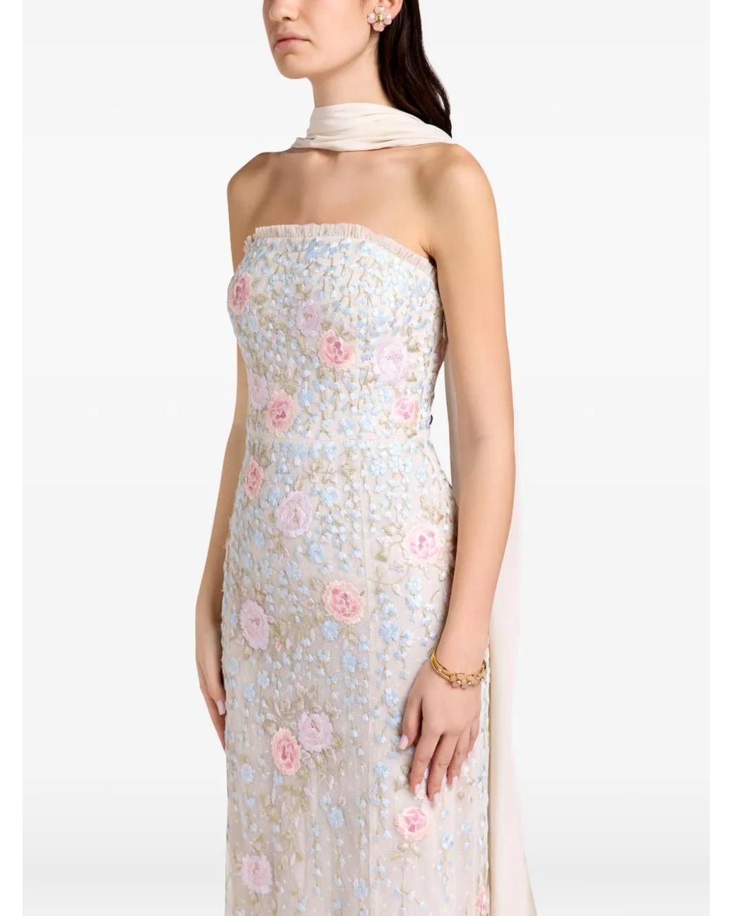 Needle & Thread White Floral-Embellished Strapless Midi Dress
