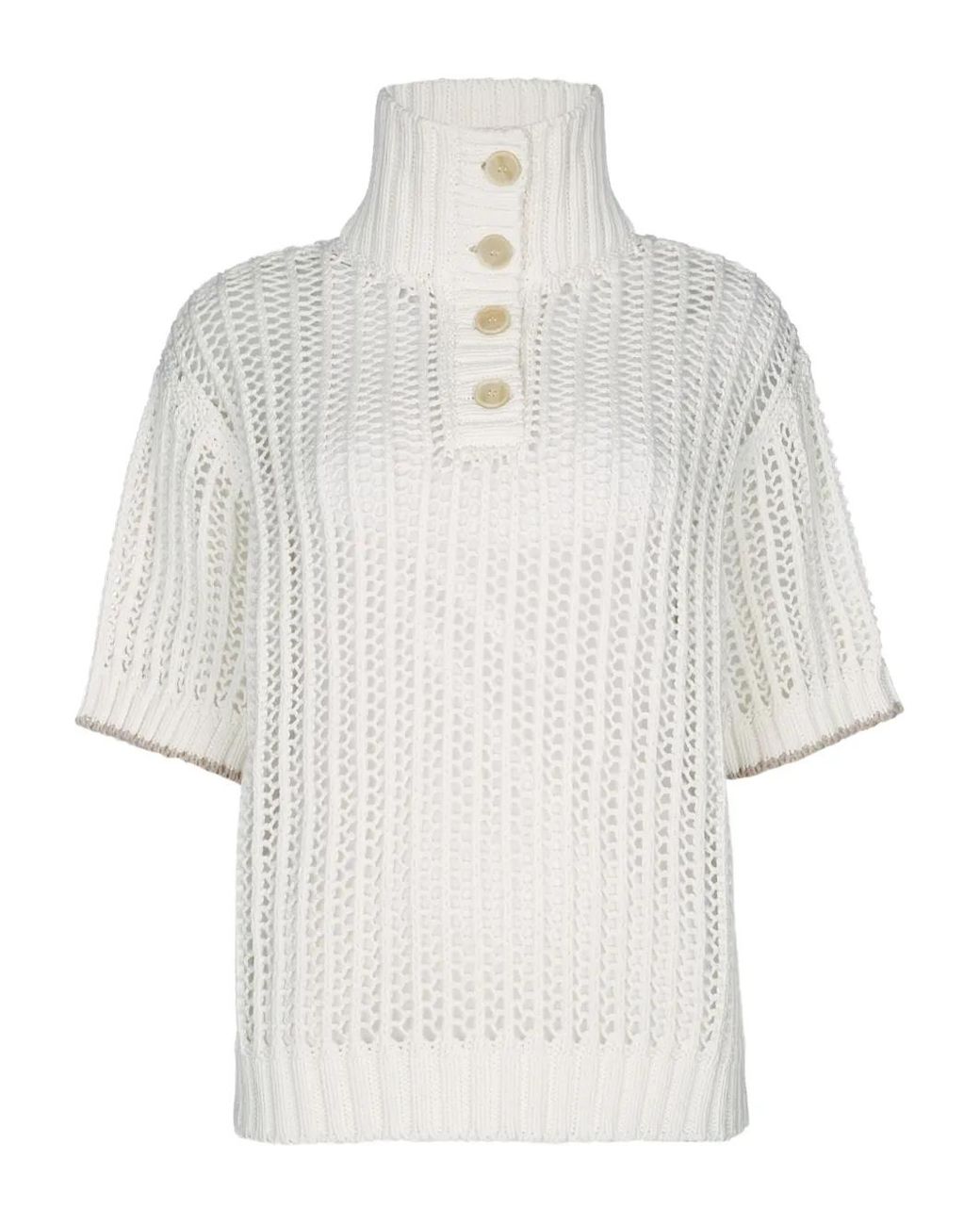 Brunello Cucinelli White High-Neck Open-Knit Sweater